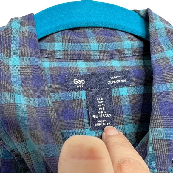 GAP Factory Navy Blue & Teal Plaid Slim Fit Button Down Shirt - Picture 6 of 10